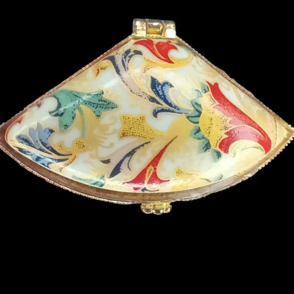 Porcelain Floral Paisley Hinged Ceramic Pill Box Trinket Box Red Yellow Gold